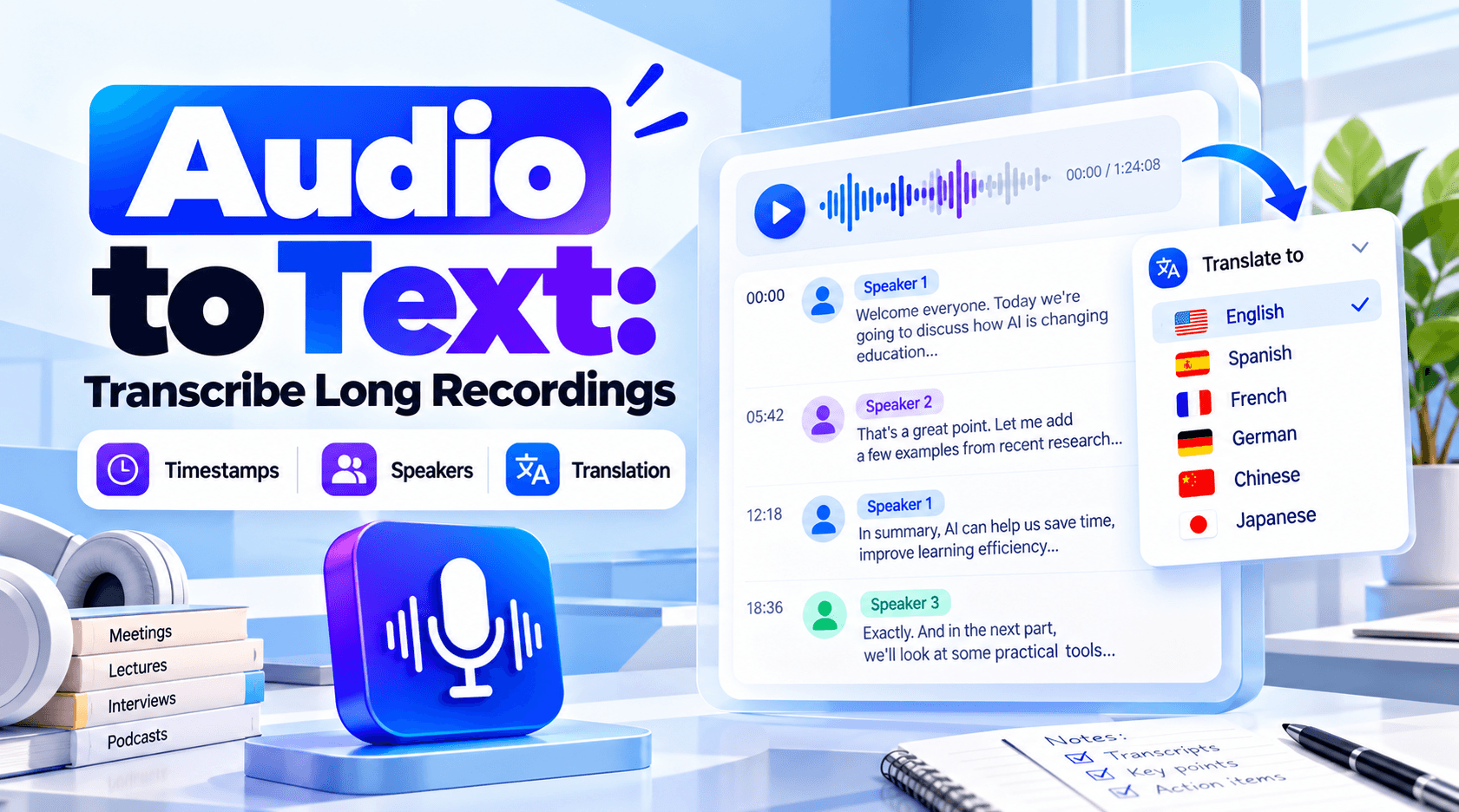 Audio to Text: Transcribe Long Recordings With Timestamps, Speakers & Translation